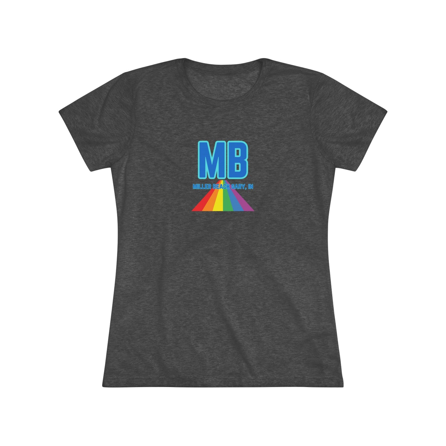 The Miller Beach Pride - Women's Triblend Tee by Printify is a dark gray, cozy t-shirt with a vintage look, featuring the text "MB" in large blue letters at the center. Below the letters, there is a rainbow-colored triangular design with "Millions & Binary, Inc." written in smaller text under the rainbow triangle.