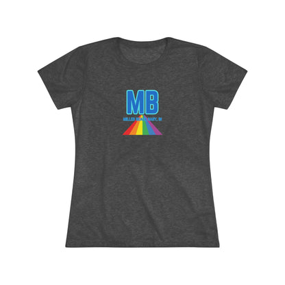 The Miller Beach Pride - Women's Triblend Tee by Printify is a dark gray, cozy t-shirt with a vintage look, featuring the text "MB" in large blue letters at the center. Below the letters, there is a rainbow-colored triangular design with "Millions & Binary, Inc." written in smaller text under the rainbow triangle.