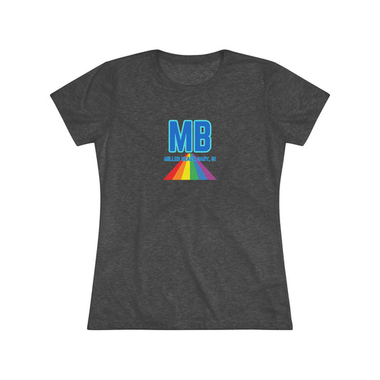 The Miller Beach Pride - Women's Triblend Tee by Printify is a dark gray, cozy t-shirt with a vintage look, featuring the text "MB" in large blue letters at the center. Below the letters, there is a rainbow-colored triangular design with "Millions & Binary, Inc." written in smaller text under the rainbow triangle.