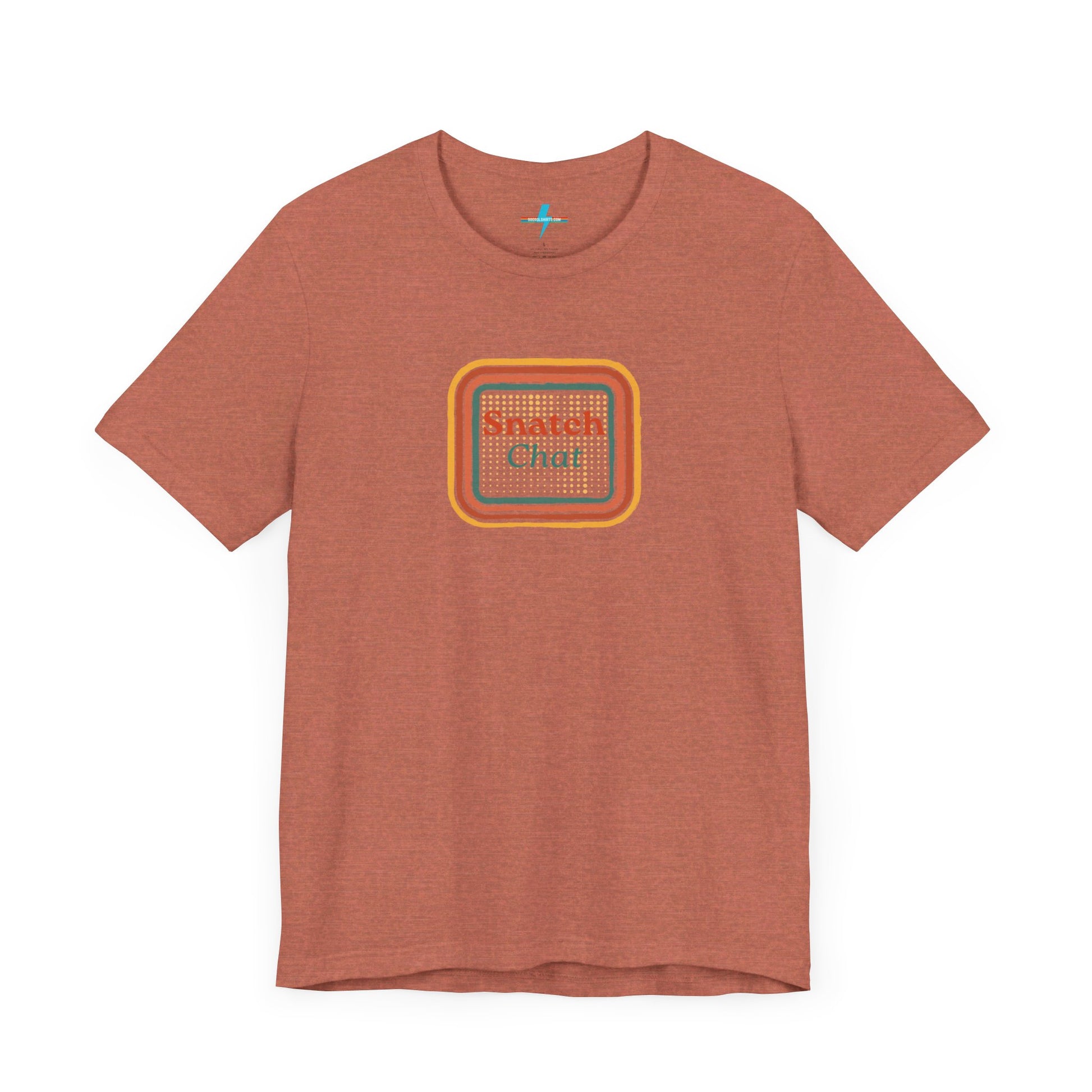 A light brown Snatch Chat - Unisex Jersey Short Sleeve Tee by Printify features the text "Snatch Chat" in the center, enclosed within a square composed of red, orange, yellow, and brown layers. This retro-designed tee is crafted from premium fabric and is showcased against a plain white background.