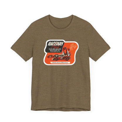 The 1970's Raceway Park - Blue Island, IL - Unisex Jersey Short Sleeve Tee by Printify is a light gray T-shirt featuring a graphic with a red background, an illustration of a race car labeled "17," and text reading "RACEWAY" and "As Seen On." The vintage-inspired design offers a nostalgic nod to classic car enthusiasts, reminiscent of the '70s racing era. The shirt is displayed against a plain background.