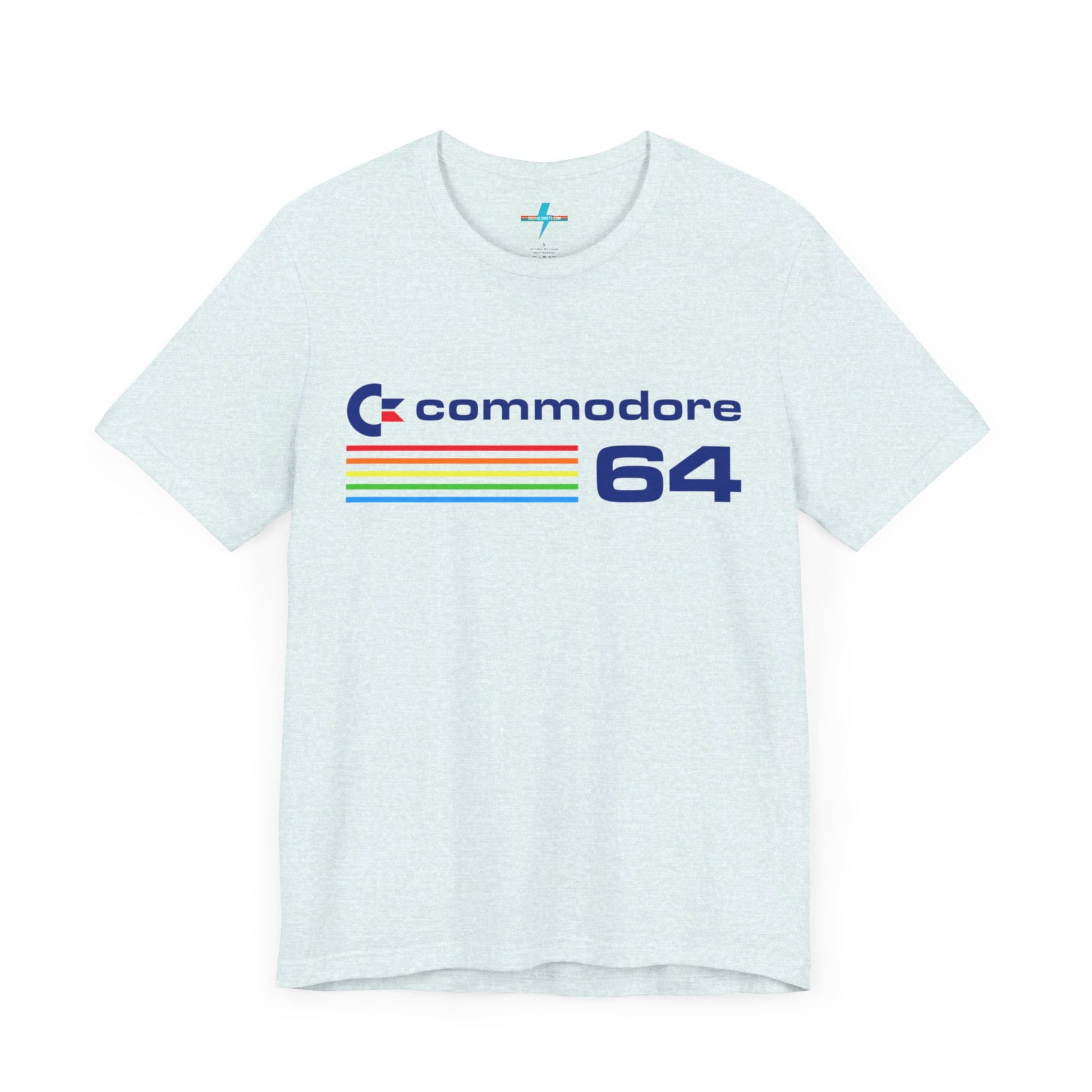 The 1980s Commodore 64 Computer C64 Unisex Jersey Short Sleeve Tee from Printify features a green T-shirt adorned with a vintage design showcasing the text "Commodore 64" and multicolored horizontal lines next to it. The word "Commodore" is emblazoned in blue alongside the Commodore logo, while the number "64" is also highlighted in blue on the right. Ideal for any retro tech enthusiast, this shirt is displayed against a white background.