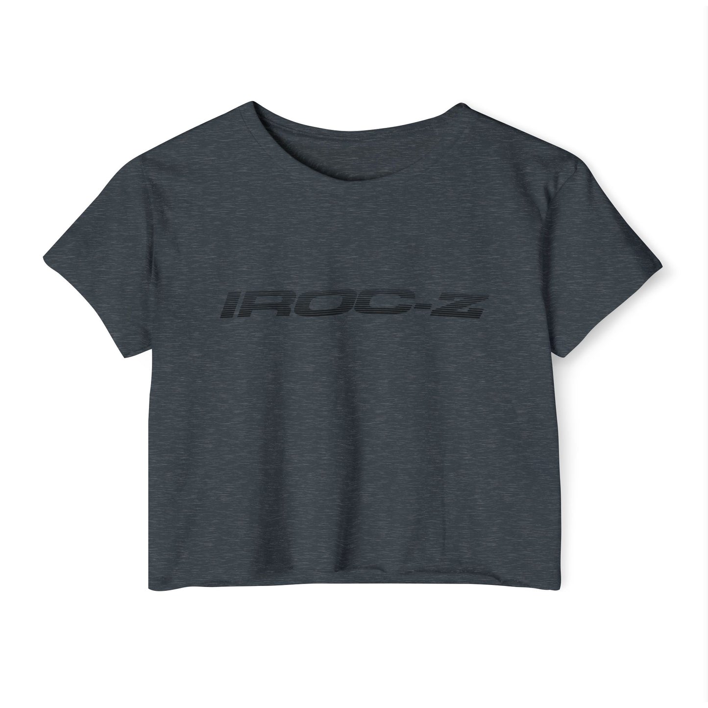 A grey, short-sleeve, rounded-neckline Women's Festival Crop Top by Printify, featuring "IROC-Z" printed in bold black letters across the chest. Perfect for any festival, this Chevrolet Iroc Z-inspired top from the 1980s stands out against a plain white background.