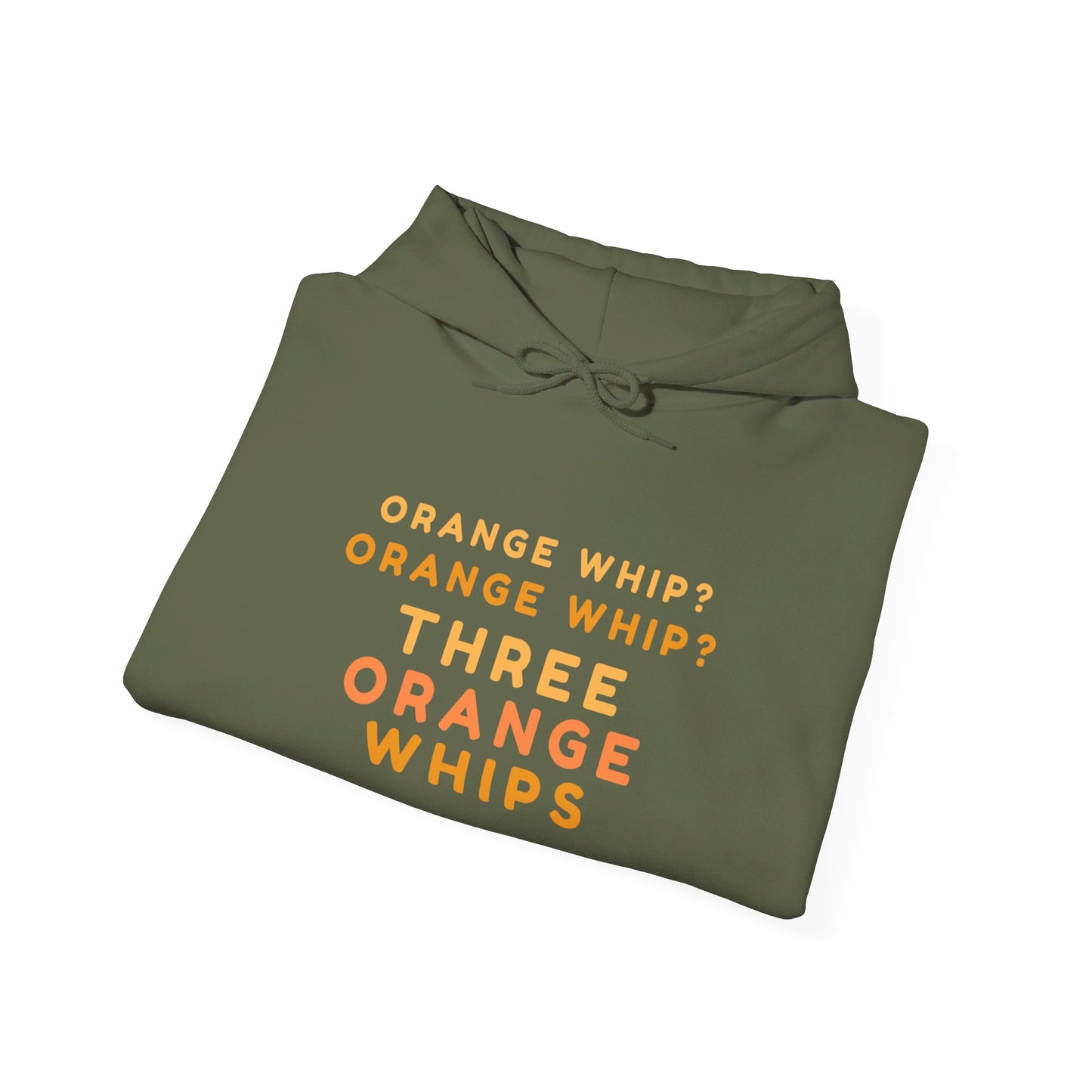 The Three Orange Whips - Blues Brothers - Unisex Heavy Blend™ Hoodie by Printify is designed in navy blue with the text "ORANGE WHIP? ORANGE WHIP? THREE ORANGE WHIPS" printed on the front in orange and yellow letters, inspired by *The Blues Brothers*. This hoodie features a front pocket and an adjustable drawstring hood.