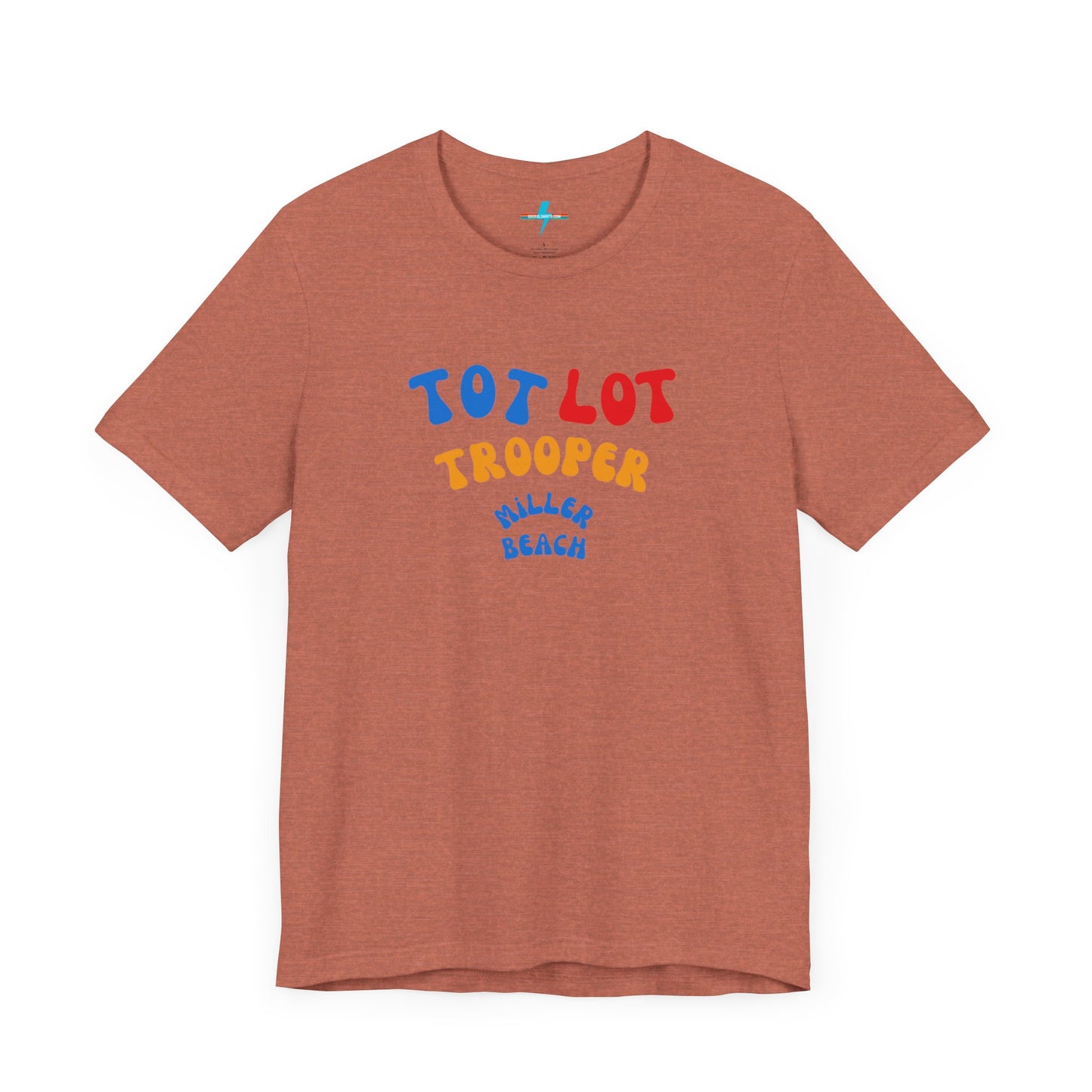 A green unisex jersey short sleeve tee from Printify, featuring colorful text on the front that reads "TOT LOT TROOPER MILLER BEACH" in blue, red, yellow, and orange letters. The shirt is displayed against a plain white background.