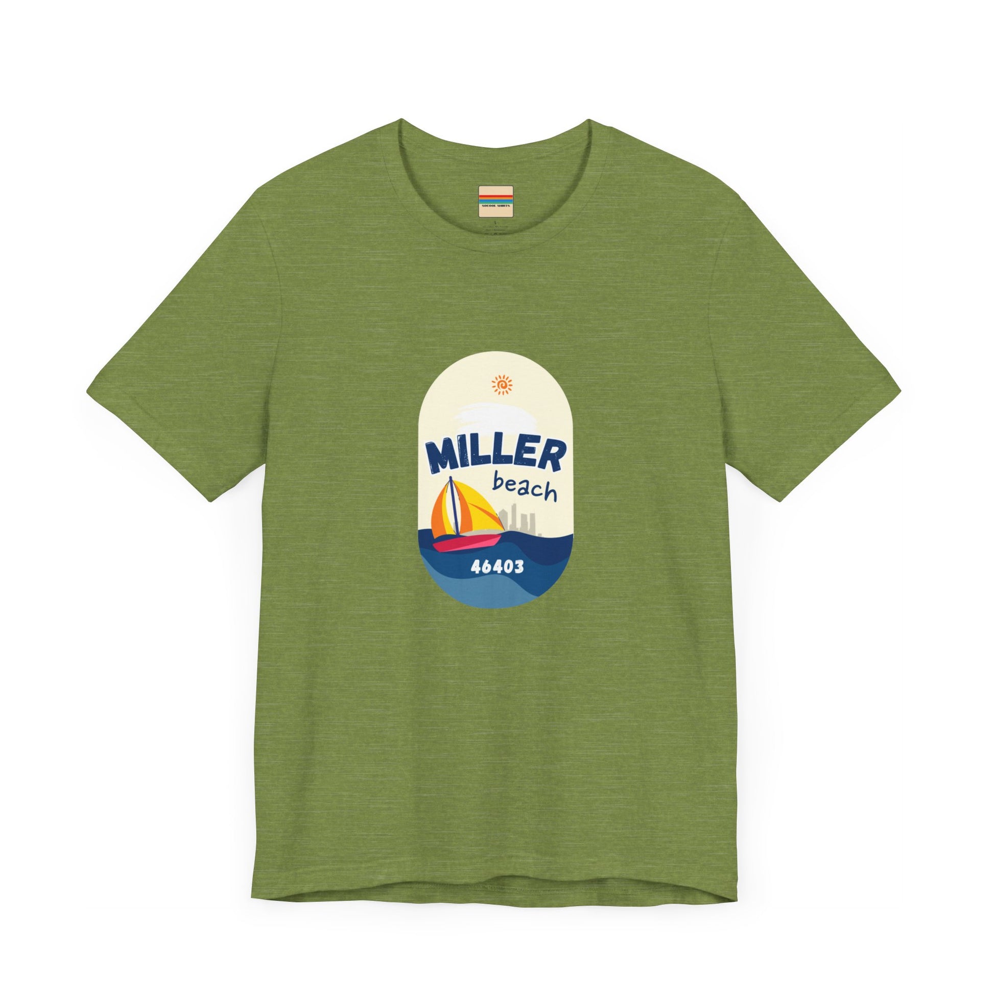 The Miller Beach Sailboat - Unisex Jersey Short Sleeve Tee by Printify features a vibrant graphic design portraying a sailboat on water with a sun above it and the text "MILLER beach 46403." This white retail fit shirt is crafted from soft Airlume combed cotton and showcases rounded graphics in blue, orange, and yellow.