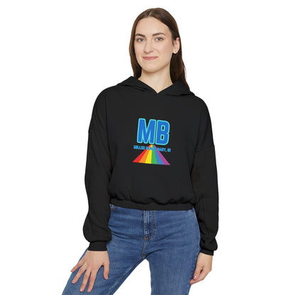 The Women's Cinched Bottom Hoodie from Printify, named "Miller Beach - Unity," is crafted in an oversized light gray design. It features a striking rainbow logo and bold blue "MB" letters on the front, with "MILLER & BARRY, INC." printed below. The casual style of this cotton-polyester blend is further accentuated by a lively triangular pattern.