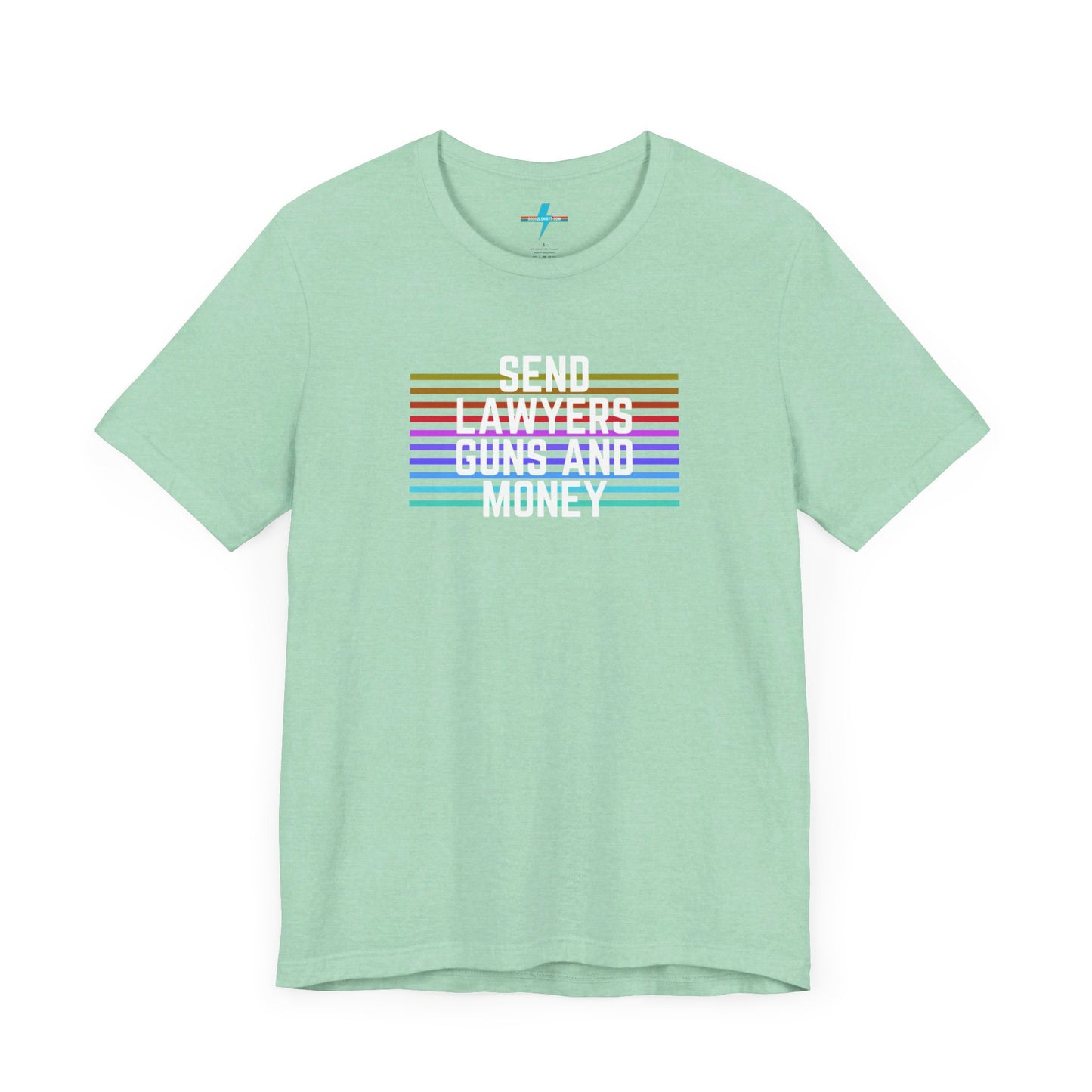 A folded Send Lawyers, Guns, and Money - Retro - Unisex Jersey Short Sleeve Tee by Printify, featuring colorful horizontal stripes and bold white text reading "SEND LAWYERS GUNS AND MONEY" in the center, as a classy tribute to Warren Zevon.