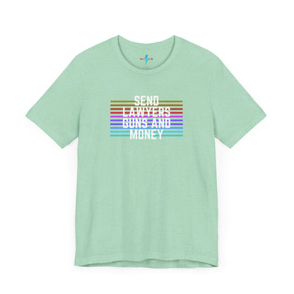 A folded Send Lawyers, Guns, and Money - Retro - Unisex Jersey Short Sleeve Tee by Printify, featuring colorful horizontal stripes and bold white text reading "SEND LAWYERS GUNS AND MONEY" in the center, as a classy tribute to Warren Zevon.