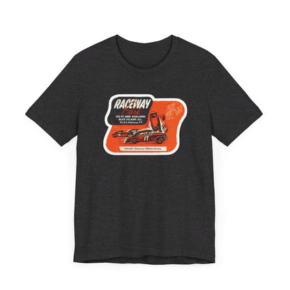 The 1970's Raceway Park - Blue Island, IL - Unisex Jersey Short Sleeve Tee by Printify is a light gray T-shirt featuring a graphic with a red background, an illustration of a race car labeled "17," and text reading "RACEWAY" and "As Seen On." The vintage-inspired design offers a nostalgic nod to classic car enthusiasts, reminiscent of the '70s racing era. The shirt is displayed against a plain background.