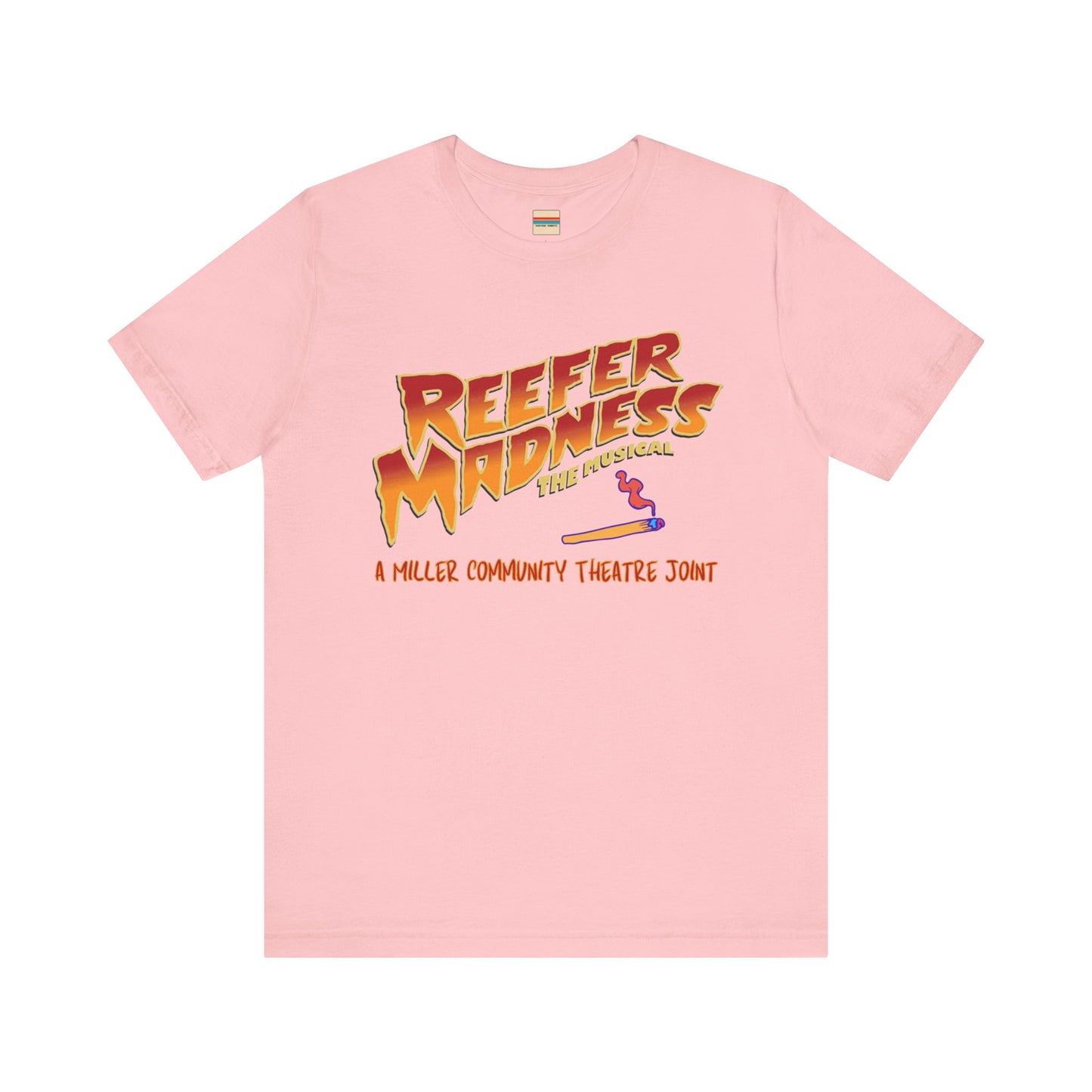 The Miller Community Theatre - Reefer Madness Cast and Crew Shirt by Printify showcases a vibrant design featuring bold, colorful text that reads "Reefer Madness The Musical" with a cartoon joint illustration. Below the main text, "A Miller Community Theatre Joint" is highlighted in red. This limited-edition green t-shirt, with its centered design, is perfect for cast and crew members.