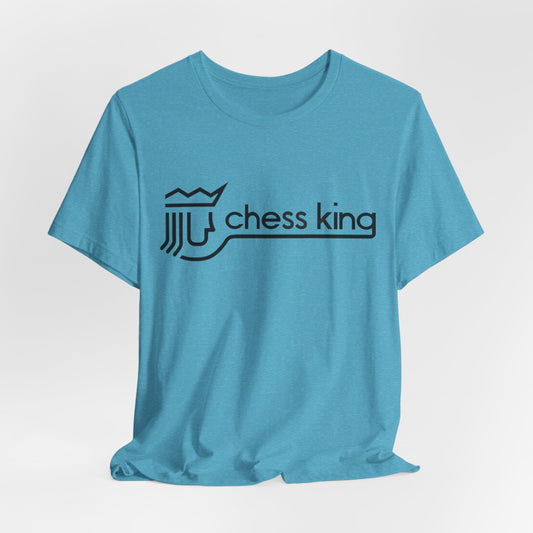 A unisex jersey short sleeve tee from Printify, featuring the Chess King 1980's Clothing Store Logo with a black, stylized king chess piece and the words "Chess King" on a blue background, reminiscent of retro 80s fashion.