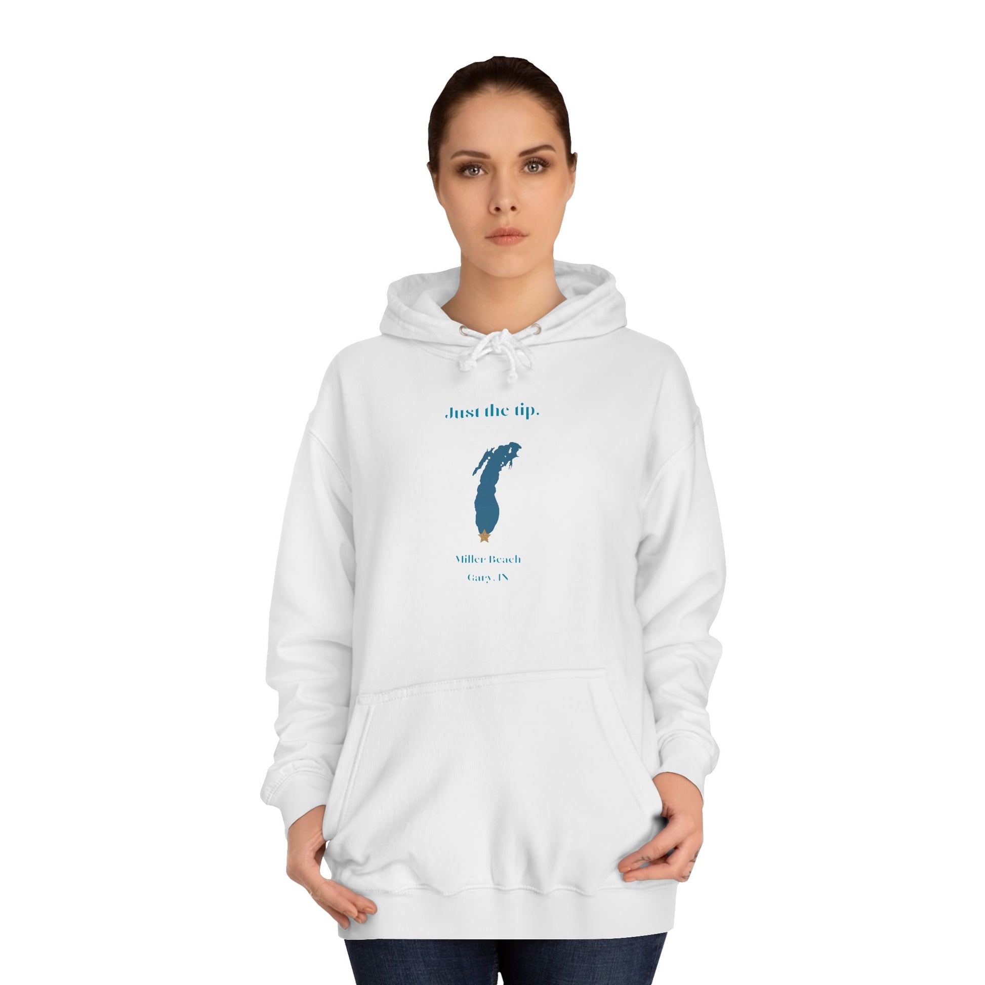 The Just the Tips - Miller Beach Unisex College Hoodie by Printify features a premium tri-blend fabric in dark green, showcasing a minimalist blue outline of a lake with the text "Just the Tip. White Bear Lake, Minn., IN" above it. With its front pocket and drawstring hood, it's an ideal choice for casual strolls at Miller Beach.