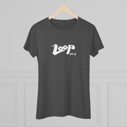 A dark gray, premium tri-blend fabric t-shirt with "The Loop - Chicago Radio 97.9" printed in white text across the chest. The casual, slightly distressed style of the text gives it a vintage look. The classic rock t-shirt is laid flat against a white background. This women's triblend tee by Printify offers a stylish homage to vintage radio days.