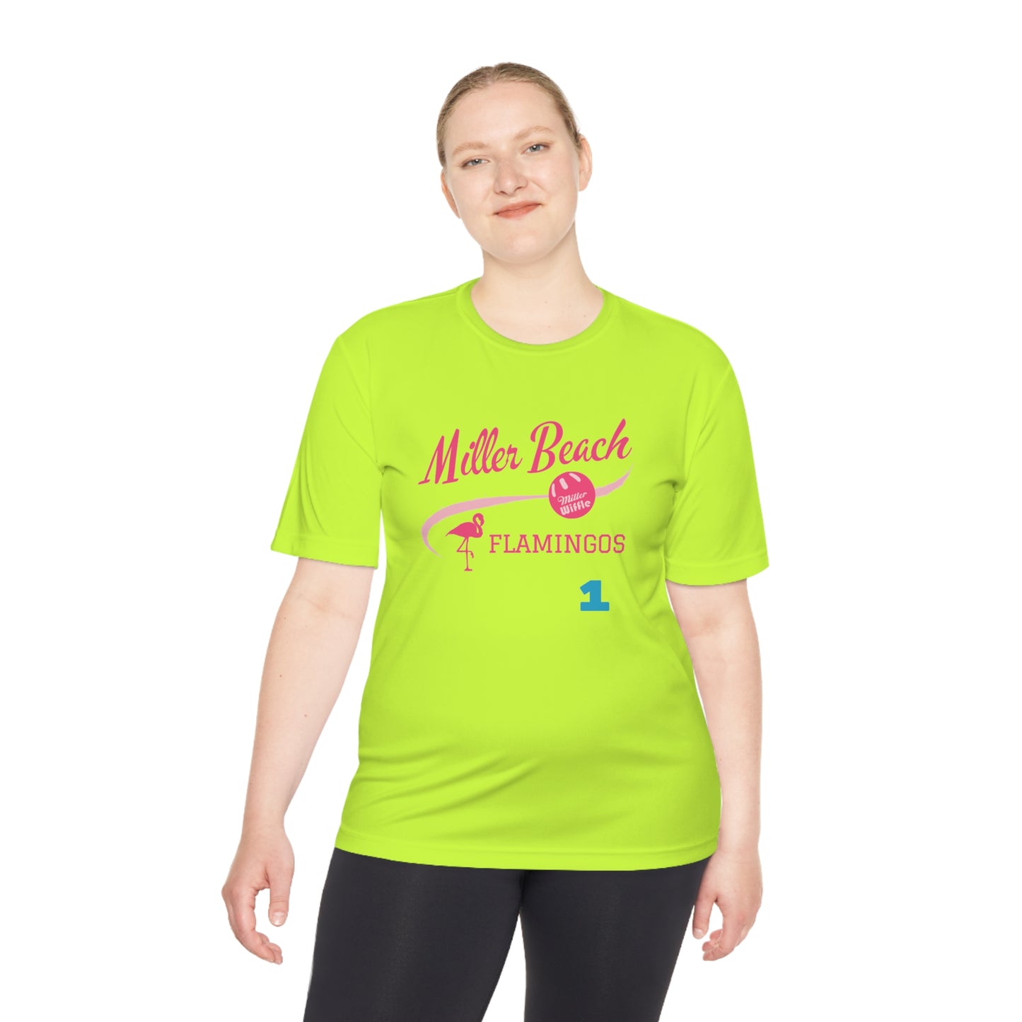 Introducing the "Miller Beach Flamingos - Jackson 01" Unisex Moisture Wicking Tee by Printify. This beige T-shirt showcases "Miller Beach" in a pink cursive font accompanied by a small pink flamingo illustration. Below, "FLAMINGOS" is displayed in bold pink capital letters, with a blue "01" on the bottom right corner. As part of the Sport-Tek PosiCharge Competitor collection, this lightweight shirt provides superior moisture-wicking performance.