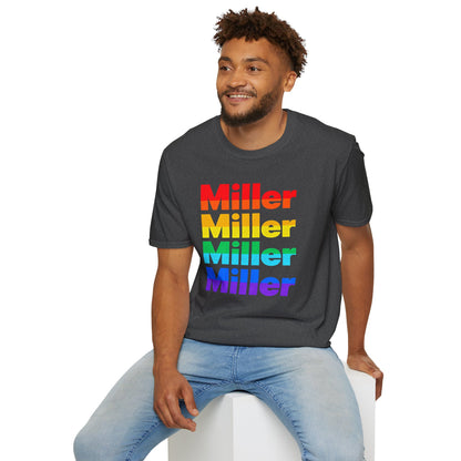 Miller Beach Rainbow Retro Tee — Vintage Stack Name Pride T-Shirt
