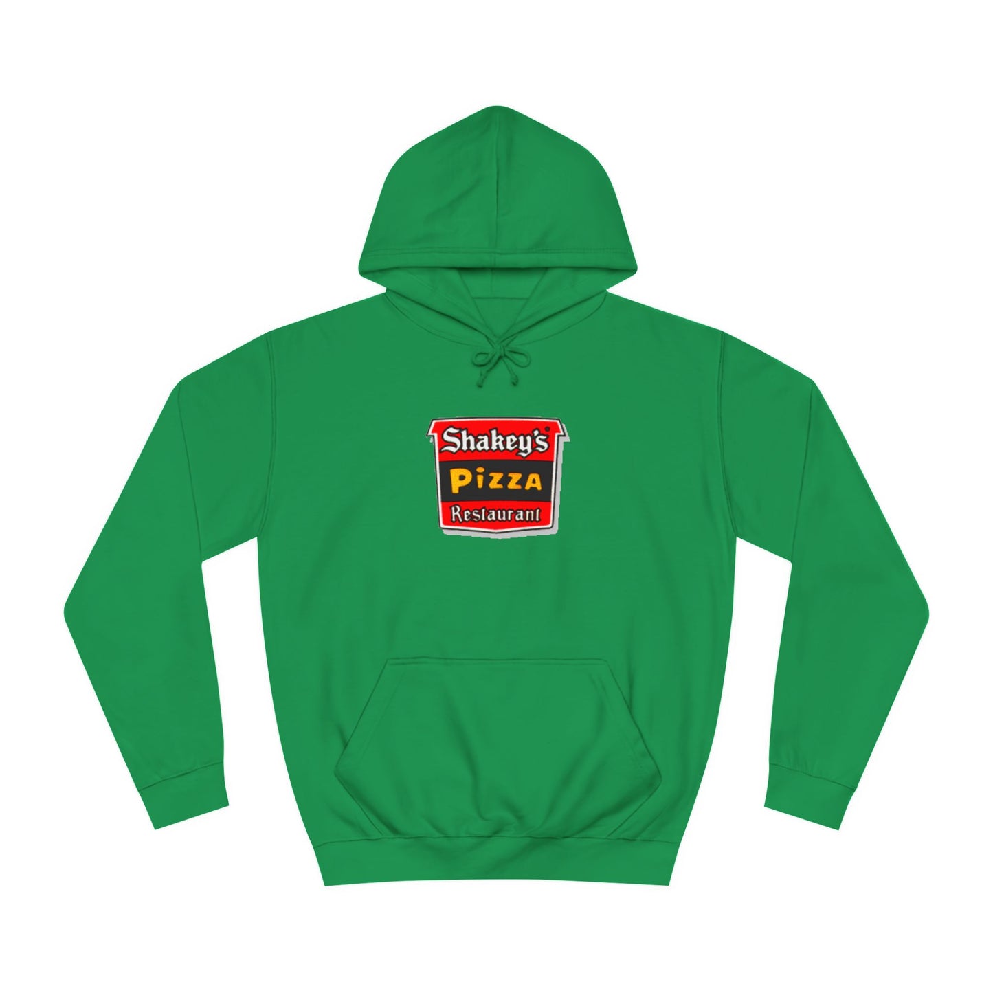 The Shakey's Pizza - 1980s Retro - Unisex Hoodie by Printify showcases a retro-style colorful logo on the front, highlighted with "Shakey's Pizza Restaurant" in bold white lettering against a striking red and black background, offering a vintage feel.