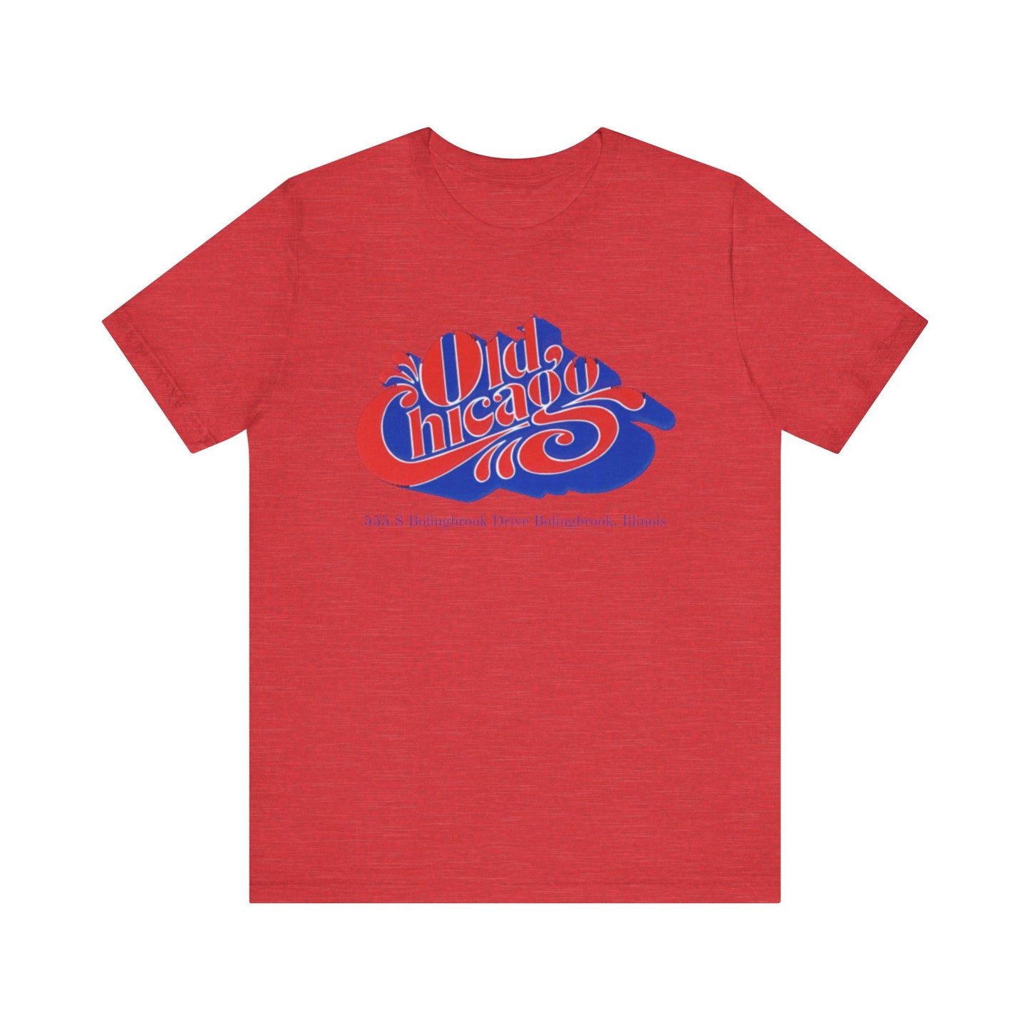 The "Old Chicago Mall Bolingbrook 1980s Retro - Unisex Jersey Short Sleeve Tee" from Printify is a gray T-shirt showcasing a vintage design with the text "Old Chicago" in blue and red. Beneath the main text, the address "355 S. Bolingbrook Drive, Bolingbrook, Illinois" appears in smaller font, evoking 80s nostalgia of the Old Chicago Mall. The shirt is displayed against a white background.