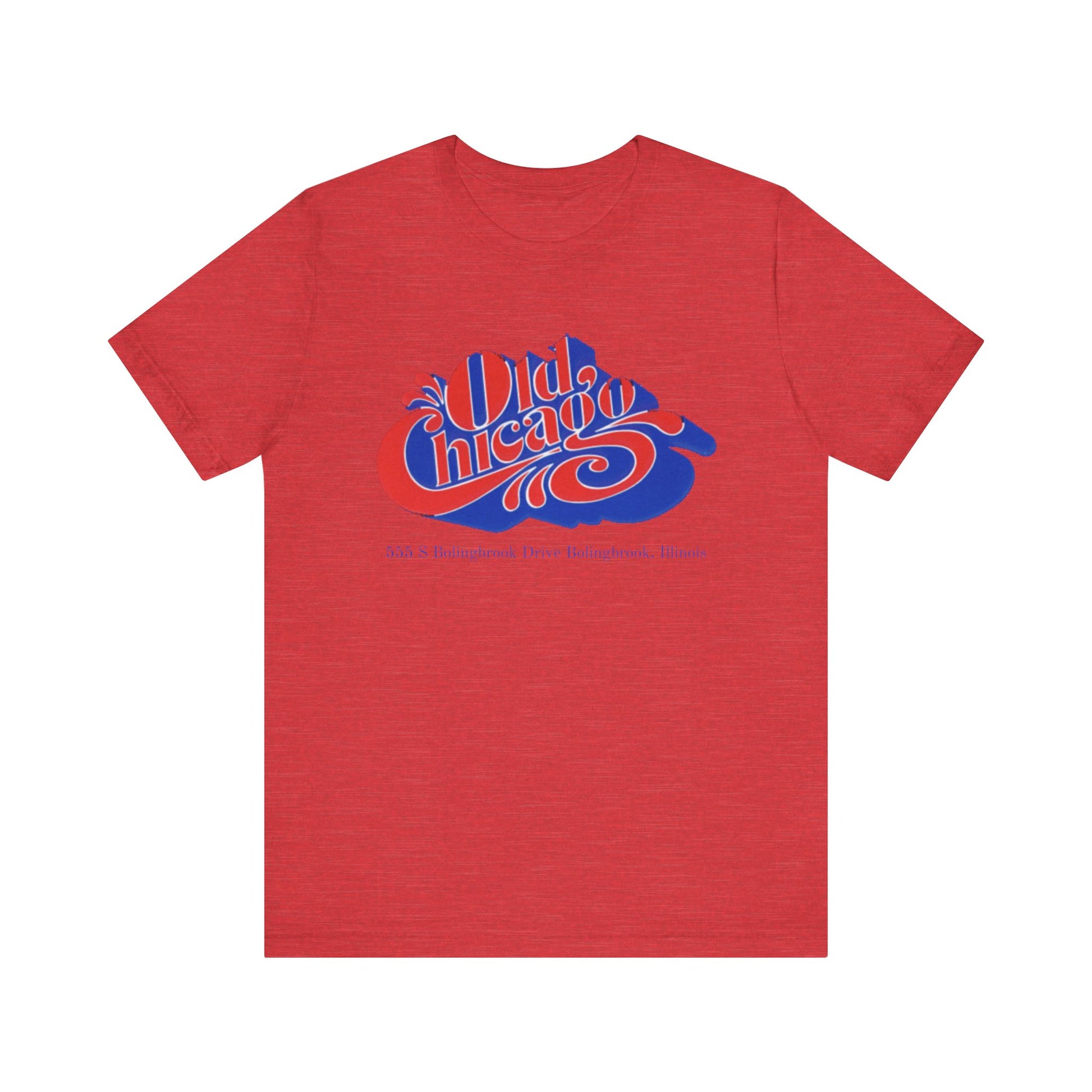 The "Old Chicago Mall Bolingbrook 1980s Retro - Unisex Jersey Short Sleeve Tee" from Printify is a gray T-shirt showcasing a vintage design with the text "Old Chicago" in blue and red. Beneath the main text, the address "355 S. Bolingbrook Drive, Bolingbrook, Illinois" appears in smaller font, evoking 80s nostalgia of the Old Chicago Mall. The shirt is displayed against a white background.