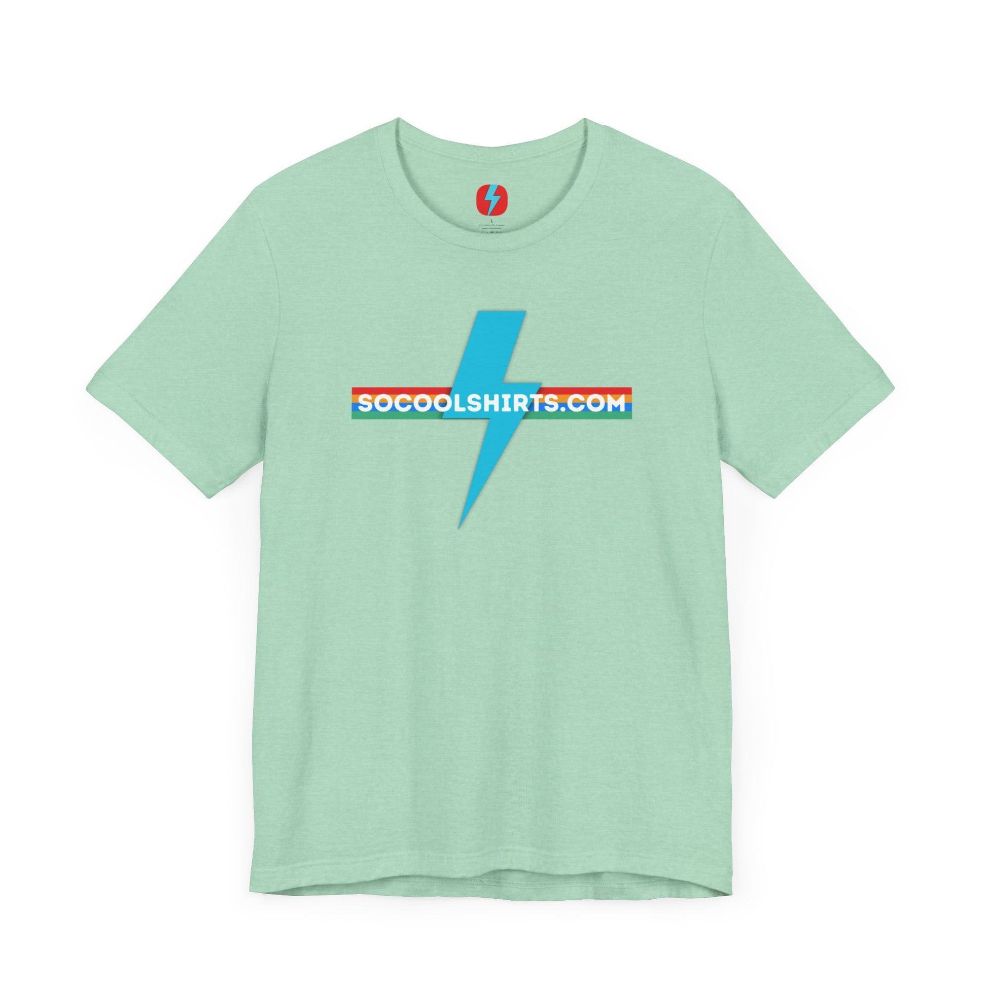 This unisex jersey short sleeve tee by Printify features a striking maroon color with a central light blue lightning bolt design. The text "SOCOOLSHIRTS.COM" is prominently displayed across the lightning bolt in white letters, set against a multicolored background that exudes retro vibes. The shirt is shown laid flat on a white backdrop.