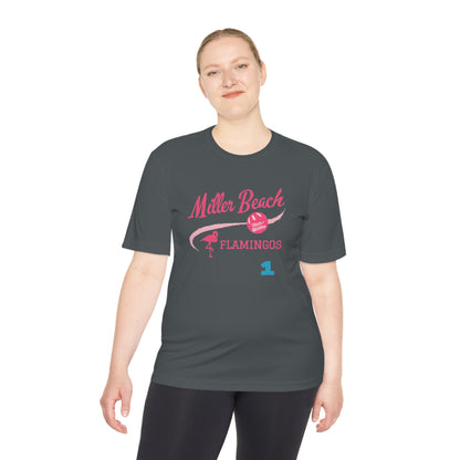Introducing the "Miller Beach Flamingos - Jackson 01" Unisex Moisture Wicking Tee by Printify. This beige T-shirt showcases "Miller Beach" in a pink cursive font accompanied by a small pink flamingo illustration. Below, "FLAMINGOS" is displayed in bold pink capital letters, with a blue "01" on the bottom right corner. As part of the Sport-Tek PosiCharge Competitor collection, this lightweight shirt provides superior moisture-wicking performance.