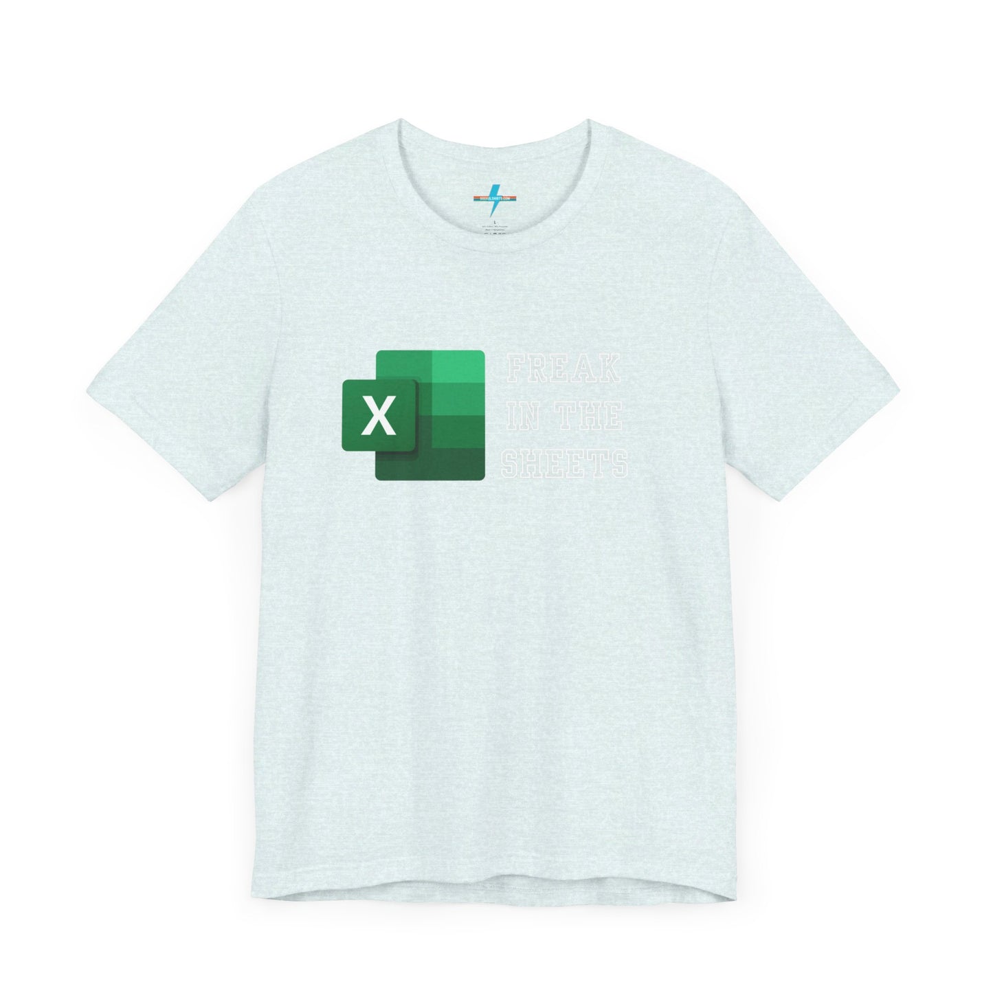 A green Freak in the Sheets - Excel - Unisex Jersey Short Sleeve Tee from Printify, featuring the Microsoft Excel logo on the left. The text next to the logo reads, "FREAK IN THE SHEETS" in white, bold, all-caps letters, making it perfect for spreadsheet enthusiasts. The shirt is laid flat against a plain white background.