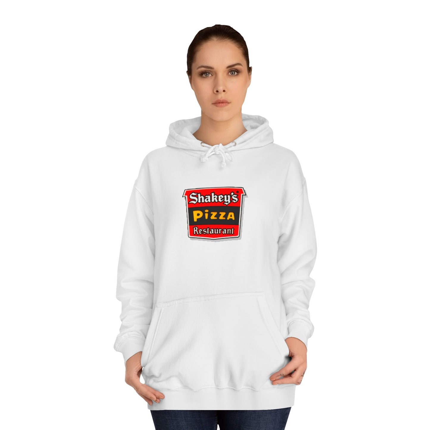 The Shakey's Pizza - 1980s Retro - Unisex Hoodie by Printify showcases a retro-style colorful logo on the front, highlighted with "Shakey's Pizza Restaurant" in bold white lettering against a striking red and black background, offering a vintage feel.