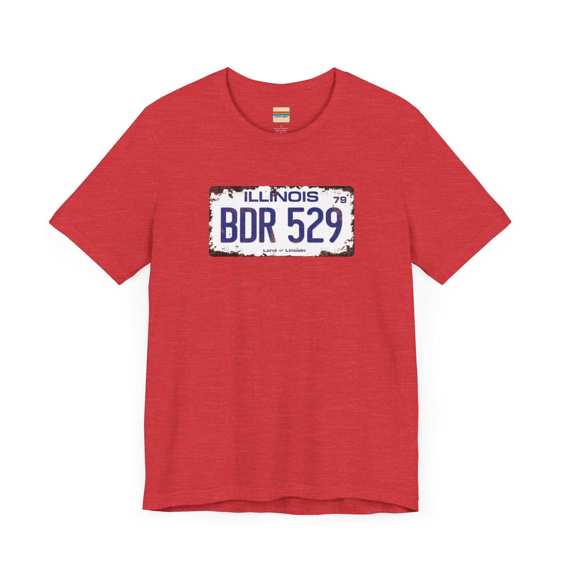 The Printify Blues Brothers BDR 529 License Plate Unisex Jersey Short Sleeve Tee showcases a vintage Illinois license plate graphic with "BDR 529" prominently displayed, as famously seen in the Blues Brothers film. The design includes "Illinois" and "Land of Lincoln" above and below the numbers, with a weathered, rustic look that enhances its retro appeal.