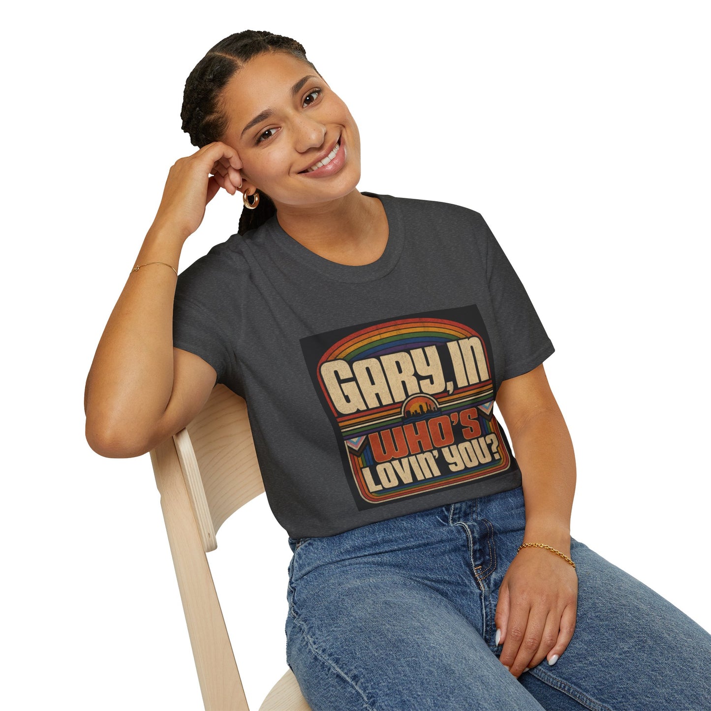 T-Shirt — "Gary, I'm Who's Lovin' You?" Retro Rainbow Design - Pride Month