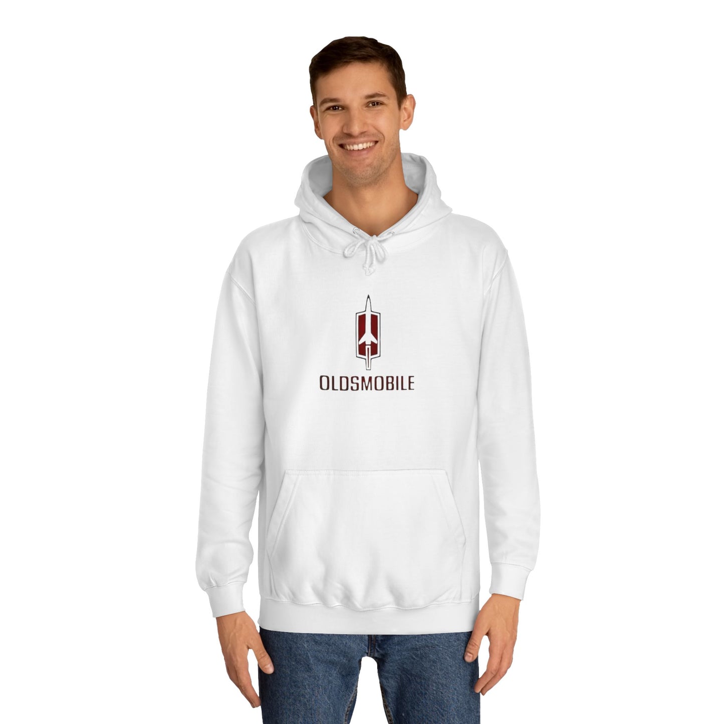 The Oldsmobile 1970s Logo - Unisex College Hoodie by Printify offers a cozy fit in white, featuring a red and black Oldsmobile logo on the front with a stylized rocket above "OLDSMOBILE." It includes a kangaroo pocket and drawstring hood for classic comfort.