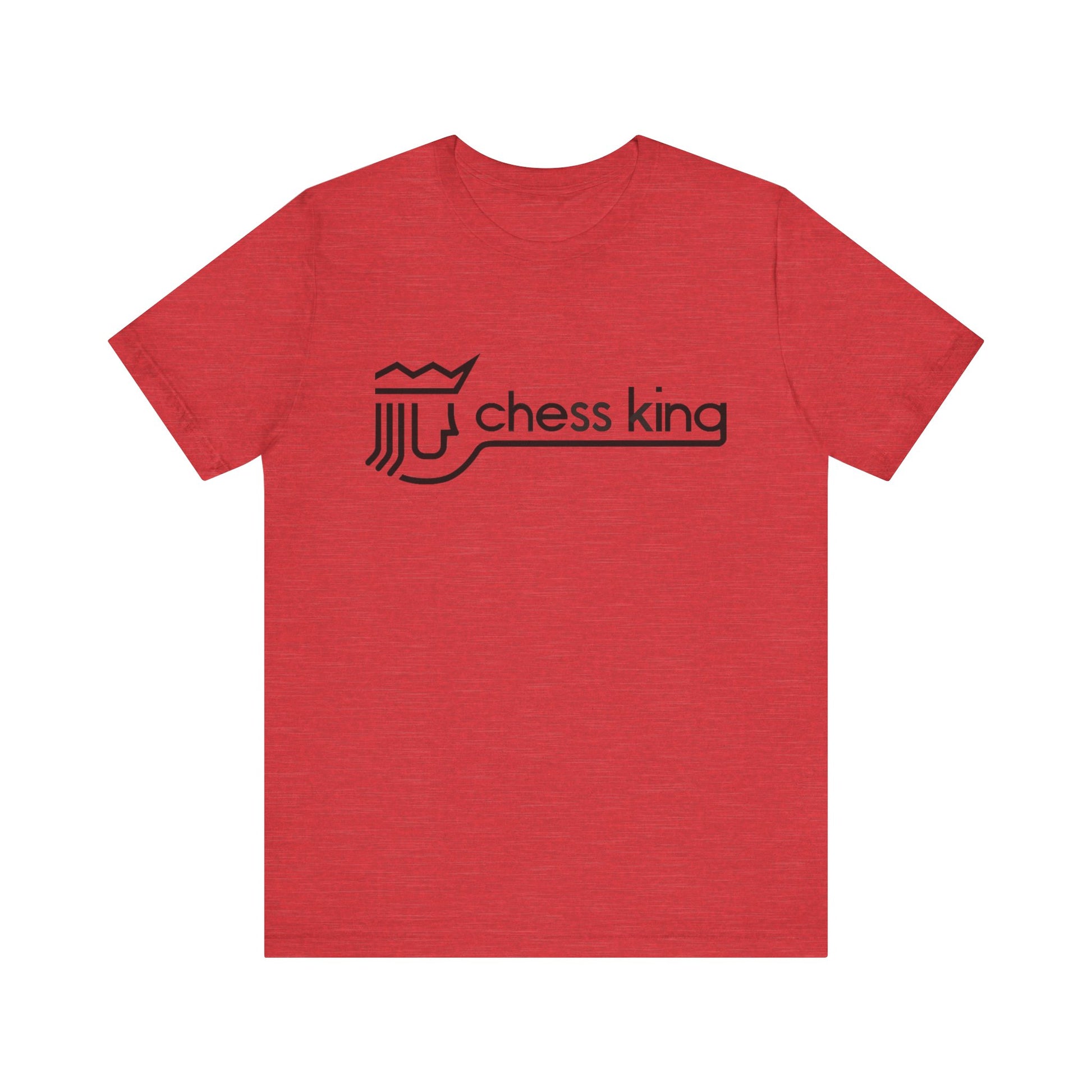 A unisex jersey short sleeve tee from Printify, featuring the Chess King 1980's Clothing Store Logo with a black, stylized king chess piece and the words "Chess King" on a blue background, reminiscent of retro 80s fashion.