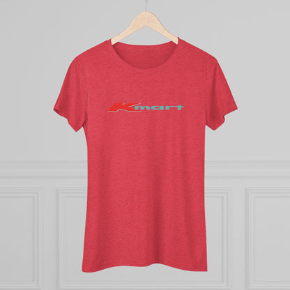 A women's triblend tee by Printify in light gray, featuring a casual and minimalist design that captures the essence of vintage style with a centered 1980s Retro Kmart logo on the front.