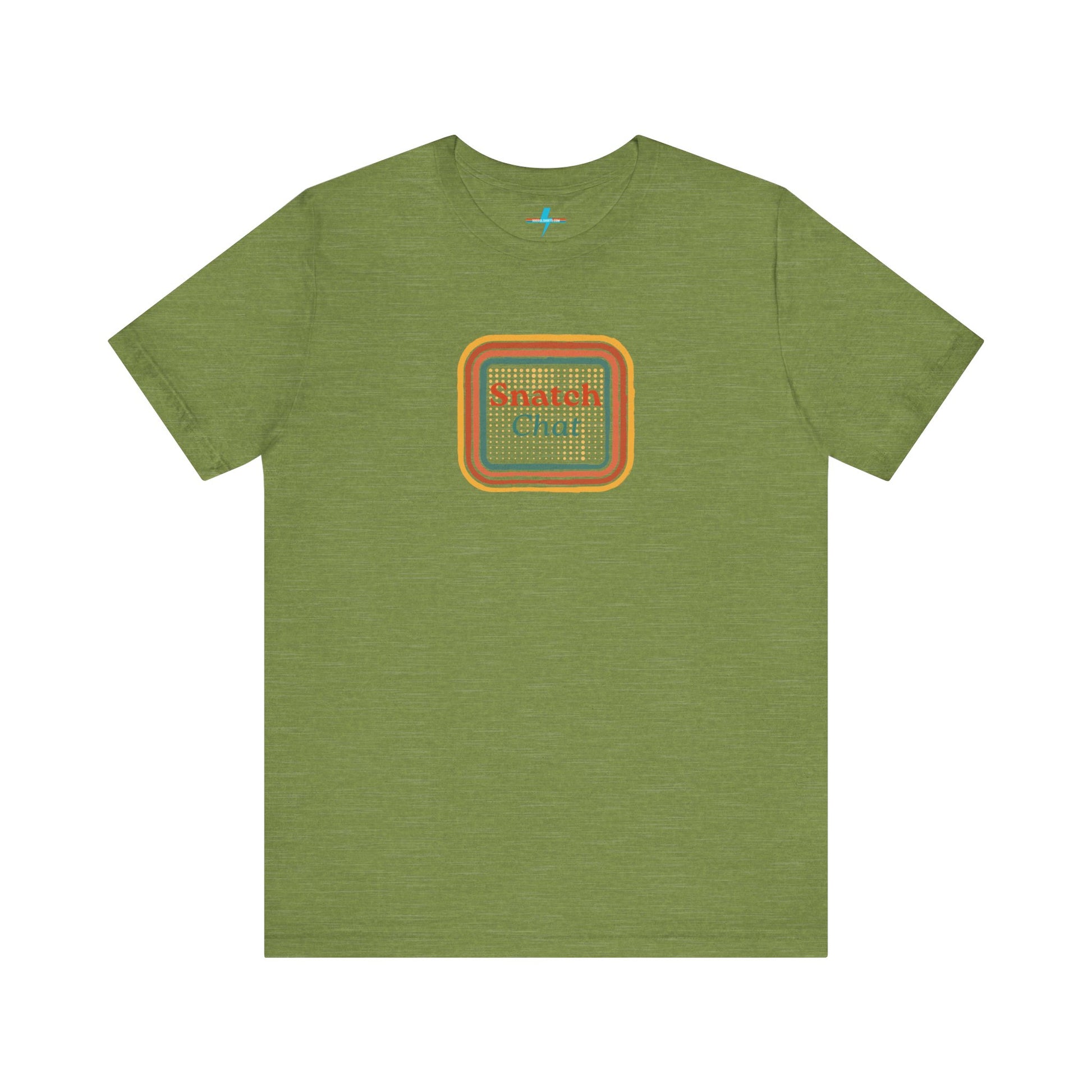 A light brown Snatch Chat - Unisex Jersey Short Sleeve Tee by Printify features the text "Snatch Chat" in the center, enclosed within a square composed of red, orange, yellow, and brown layers. This retro-designed tee is crafted from premium fabric and is showcased against a plain white background.