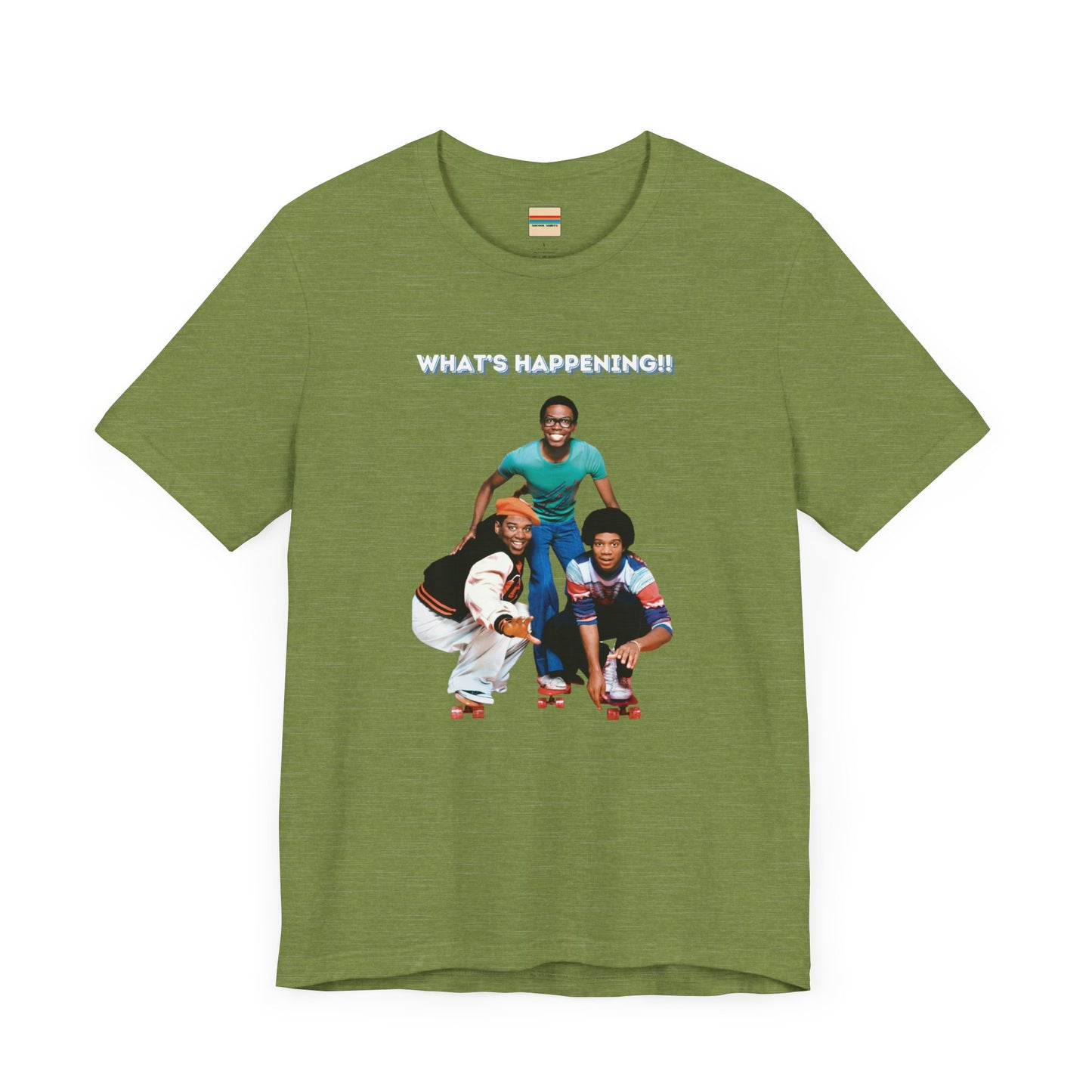 A "What's Happening!!" - Retro 1980s TV Show unisex jersey short sleeve tee by Printify, featuring a blue graphic with three smiling, energetically posing individuals dressed in fashionable casual attire. The top text "WHAT'S HAPPENING!!" is displayed in white, perfectly capturing the nostalgic vibe of the 1980s.