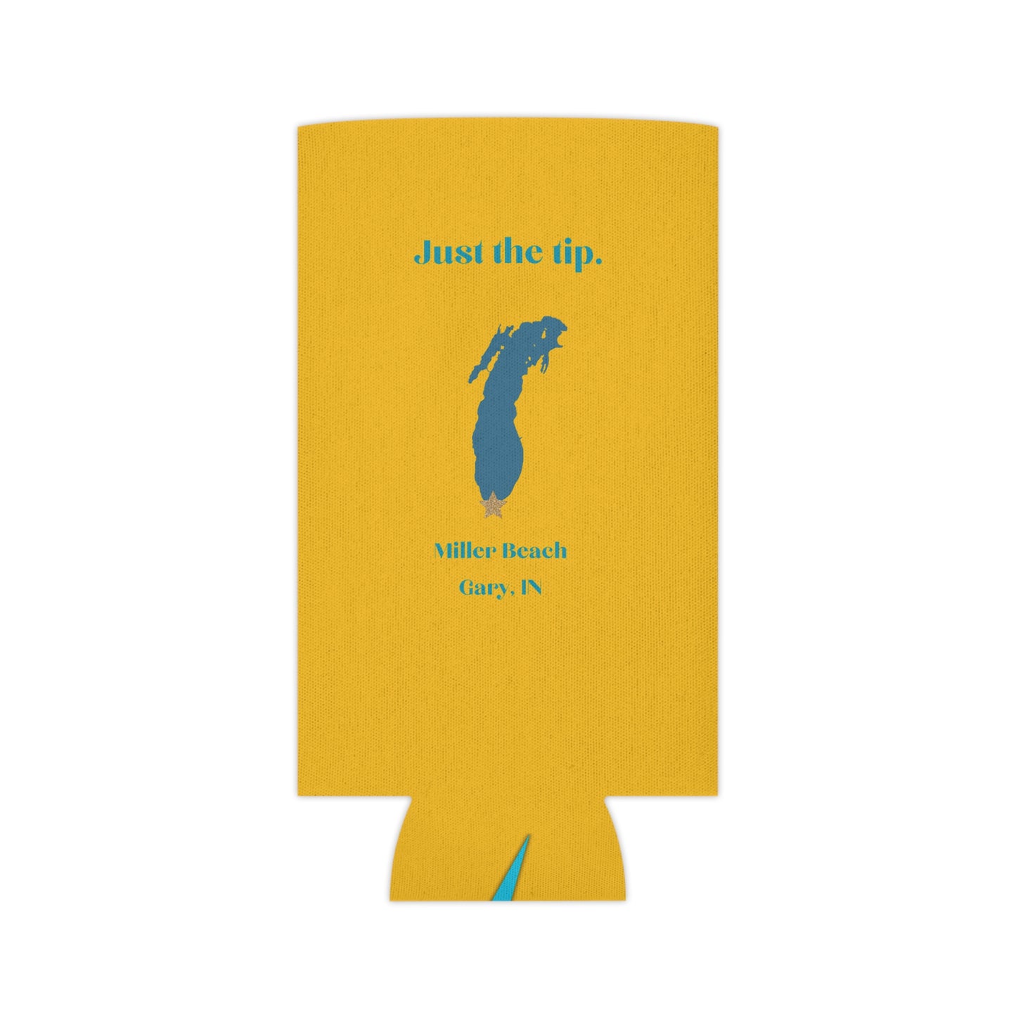 A yellow Printify "Just the Tip - Miller Beach Koozie" featuring blue text and a graphic. The fun design includes "Just the tip" at the top, a blue silhouette of Indiana with a small gold star near the top, and "Miller Beach, Gary, IN" underneath. The bottom showcases the website "socoolshirts.com.