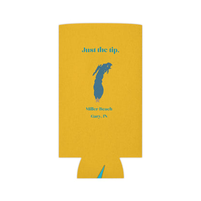 A yellow Printify "Just the Tip - Miller Beach Koozie" featuring blue text and a graphic. The fun design includes "Just the tip" at the top, a blue silhouette of Indiana with a small gold star near the top, and "Miller Beach, Gary, IN" underneath. The bottom showcases the website "socoolshirts.com.