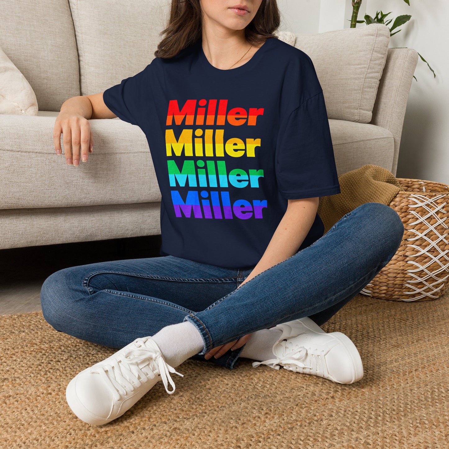 Miller Beach Rainbow Retro Tee — Vintage Stack Name Pride T-Shirt