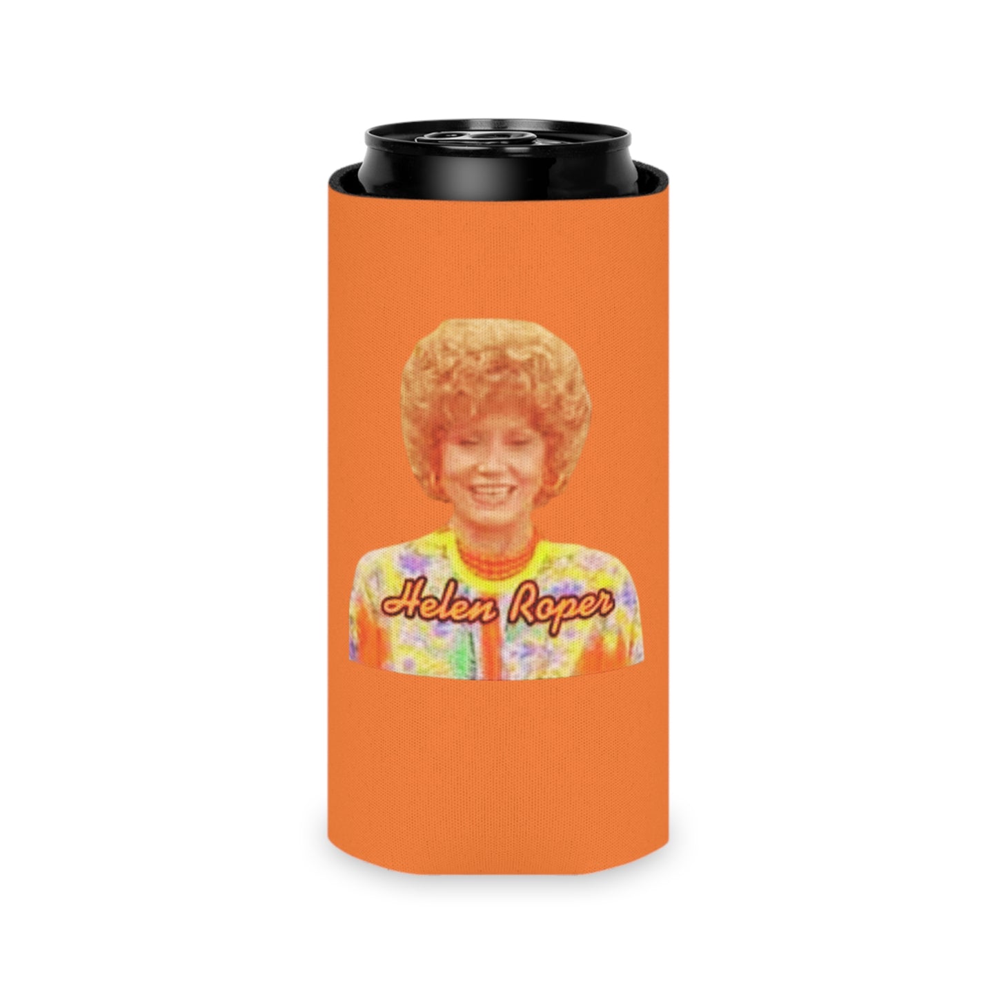 The Mrs. Roper - Three's Company - Koozie from Printify showcases a vibrant, retro-styled illustration of a woman with curly hair wearing a colorful patterned top. The name "Helen Roper" is prominently displayed on it. This can koozie exudes 1970s flair with its predominant orange color and features a small red and blue lightning bolt symbol at the bottom.