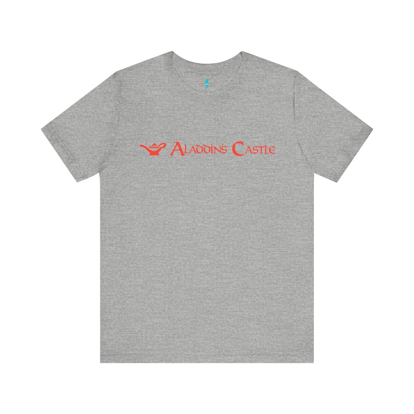 Introducing the Aladdin's Castle Arcade 1980s Unisex Jersey Short Sleeve Tee by Printify. This dark grey heather T-shirt features "ALADDIN'S CASTLE" emblazoned in bright red font across the chest, with a small silhouette of Aladdin's magic lamp to the left of the text. Perfect for fans of retro design or Aladdin’s Castle Arcade, and available exclusively from SoCool Shirts.