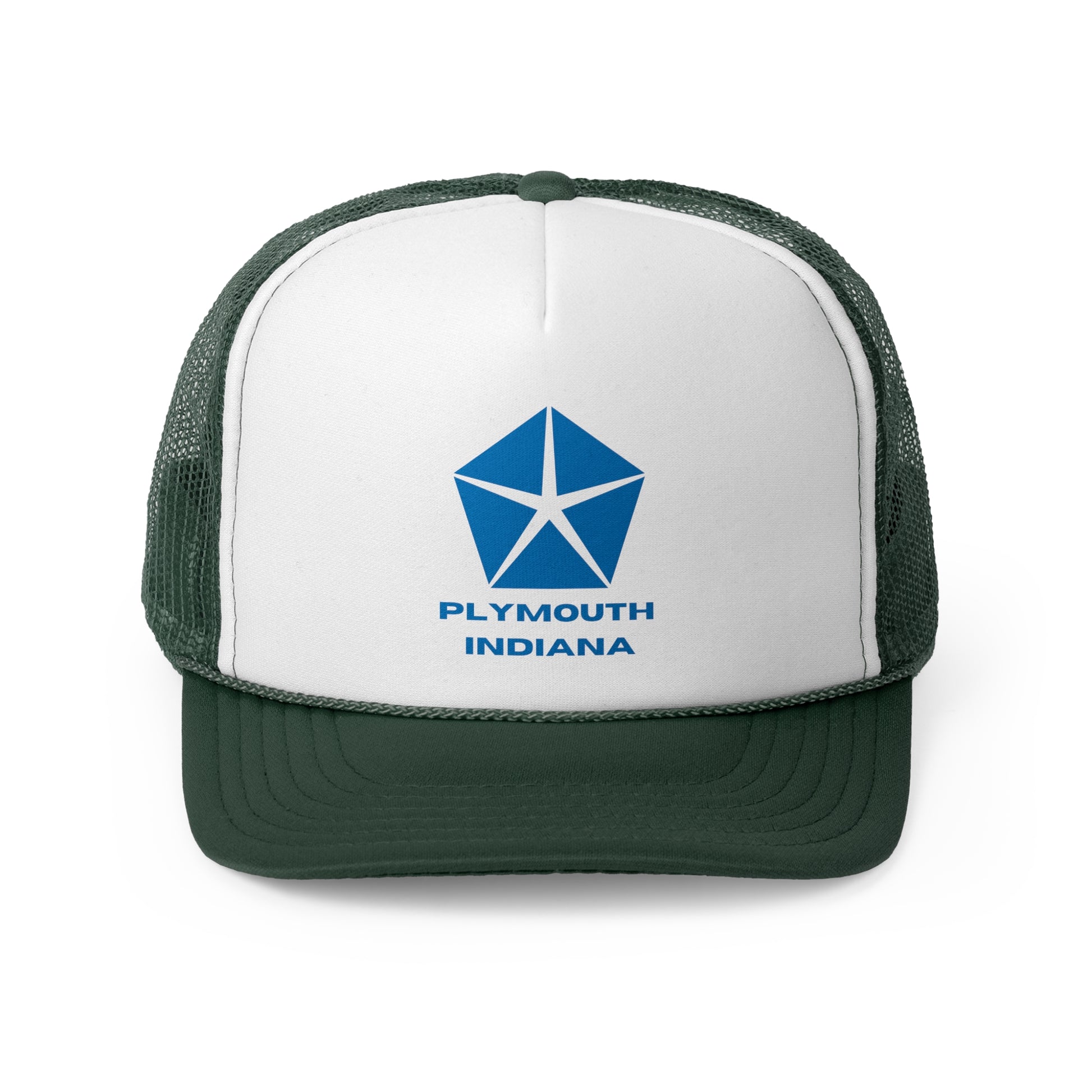 The Printify "Plymouth, Indiana - Chrysler Logo" trucker cap features a white front panel with a blue geometric Chrysler logo and "PLYMOUTH INDIANA" printed below it. It comes with a dark green bill, breathable mesh back, and an adjustable snap closure for a perfect fit.