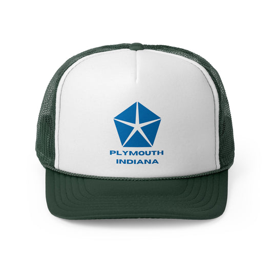 The Printify "Plymouth, Indiana - Chrysler Logo" trucker cap features a white front panel with a blue geometric Chrysler logo and "PLYMOUTH INDIANA" printed below it. It comes with a dark green bill, breathable mesh back, and an adjustable snap closure for a perfect fit.