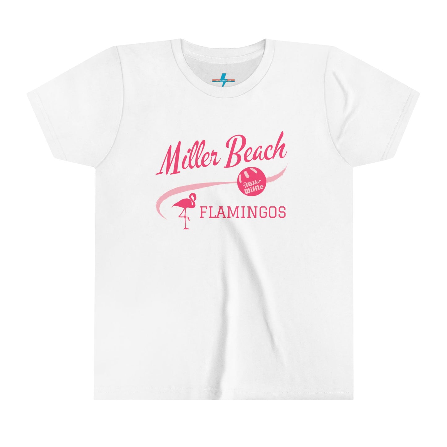 The Printify Miller Beach Flamingos WWBC - Youth Short Sleeve Tee is a fun, beach-themed pink T-shirt featuring "Miller Beach Flamingos" in bold pink script at the top. It includes a flamingo graphic on the left with the text "FLAMINGOS," and a pink beach ball on the right with "Oh What Fun!" written inside. Perfect for youthful custom wear.