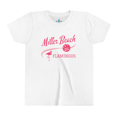 The Printify Miller Beach Flamingos WWBC - Youth Short Sleeve Tee is a fun, beach-themed pink T-shirt featuring "Miller Beach Flamingos" in bold pink script at the top. It includes a flamingo graphic on the left with the text "FLAMINGOS," and a pink beach ball on the right with "Oh What Fun!" written inside. Perfect for youthful custom wear.