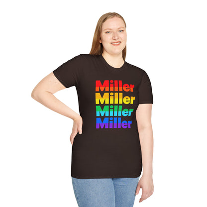 Miller Beach Rainbow Retro Tee — Vintage Stack Name Pride T-Shirt
