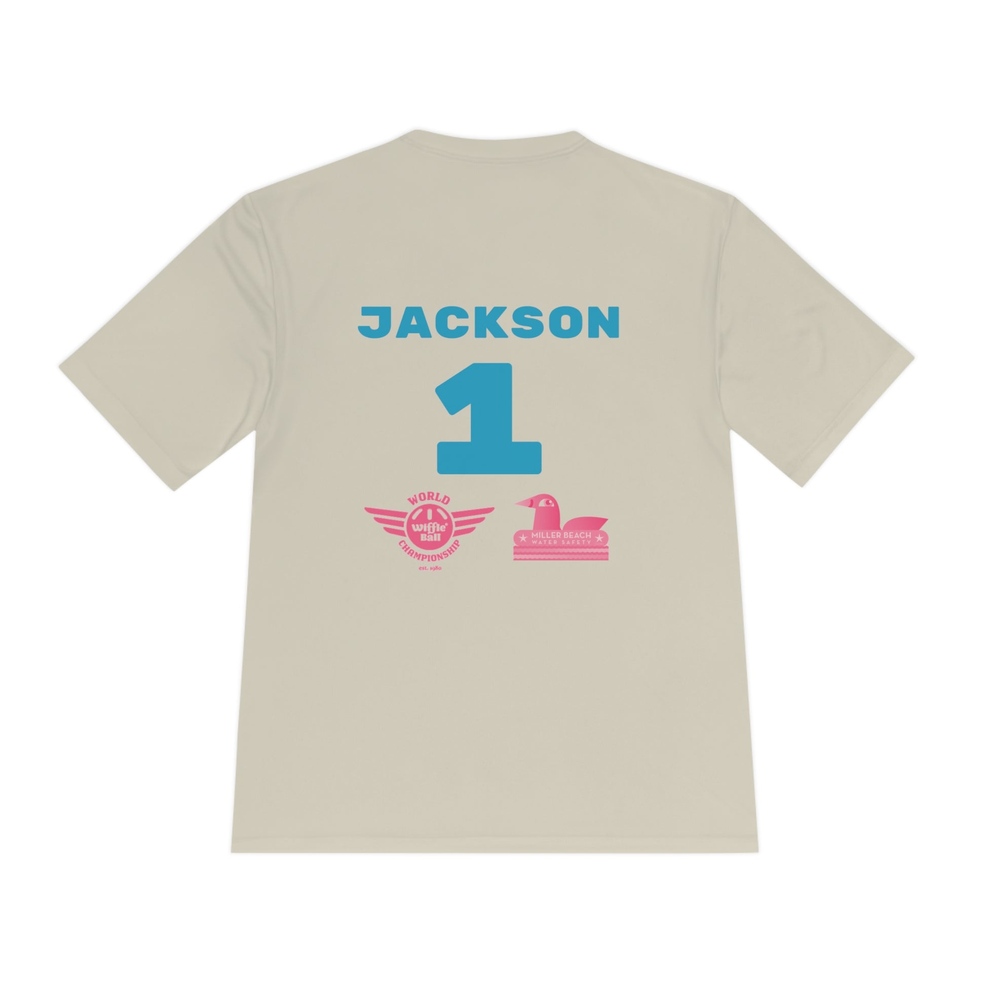 Introducing the "Miller Beach Flamingos - Jackson 01" Unisex Moisture Wicking Tee by Printify. This beige T-shirt showcases "Miller Beach" in a pink cursive font accompanied by a small pink flamingo illustration. Below, "FLAMINGOS" is displayed in bold pink capital letters, with a blue "01" on the bottom right corner. As part of the Sport-Tek PosiCharge Competitor collection, this lightweight shirt provides superior moisture-wicking performance.