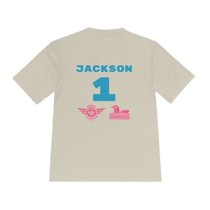 Introducing the "Miller Beach Flamingos - Jackson 01" Unisex Moisture Wicking Tee by Printify. This beige T-shirt showcases "Miller Beach" in a pink cursive font accompanied by a small pink flamingo illustration. Below, "FLAMINGOS" is displayed in bold pink capital letters, with a blue "01" on the bottom right corner. As part of the Sport-Tek PosiCharge Competitor collection, this lightweight shirt provides superior moisture-wicking performance.