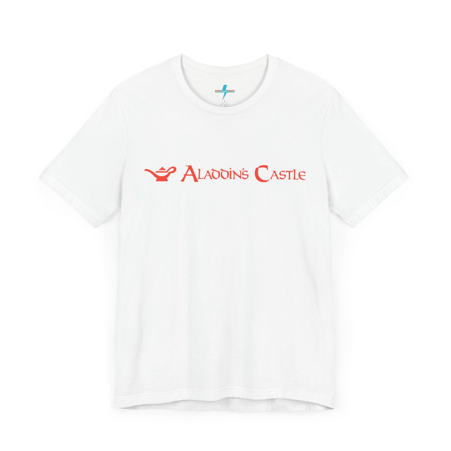 Introducing the Aladdin's Castle Arcade 1980s Unisex Jersey Short Sleeve Tee by Printify. This dark grey heather T-shirt features "ALADDIN'S CASTLE" emblazoned in bright red font across the chest, with a small silhouette of Aladdin's magic lamp to the left of the text. Perfect for fans of retro design or Aladdin’s Castle Arcade, and available exclusively from SoCool Shirts.