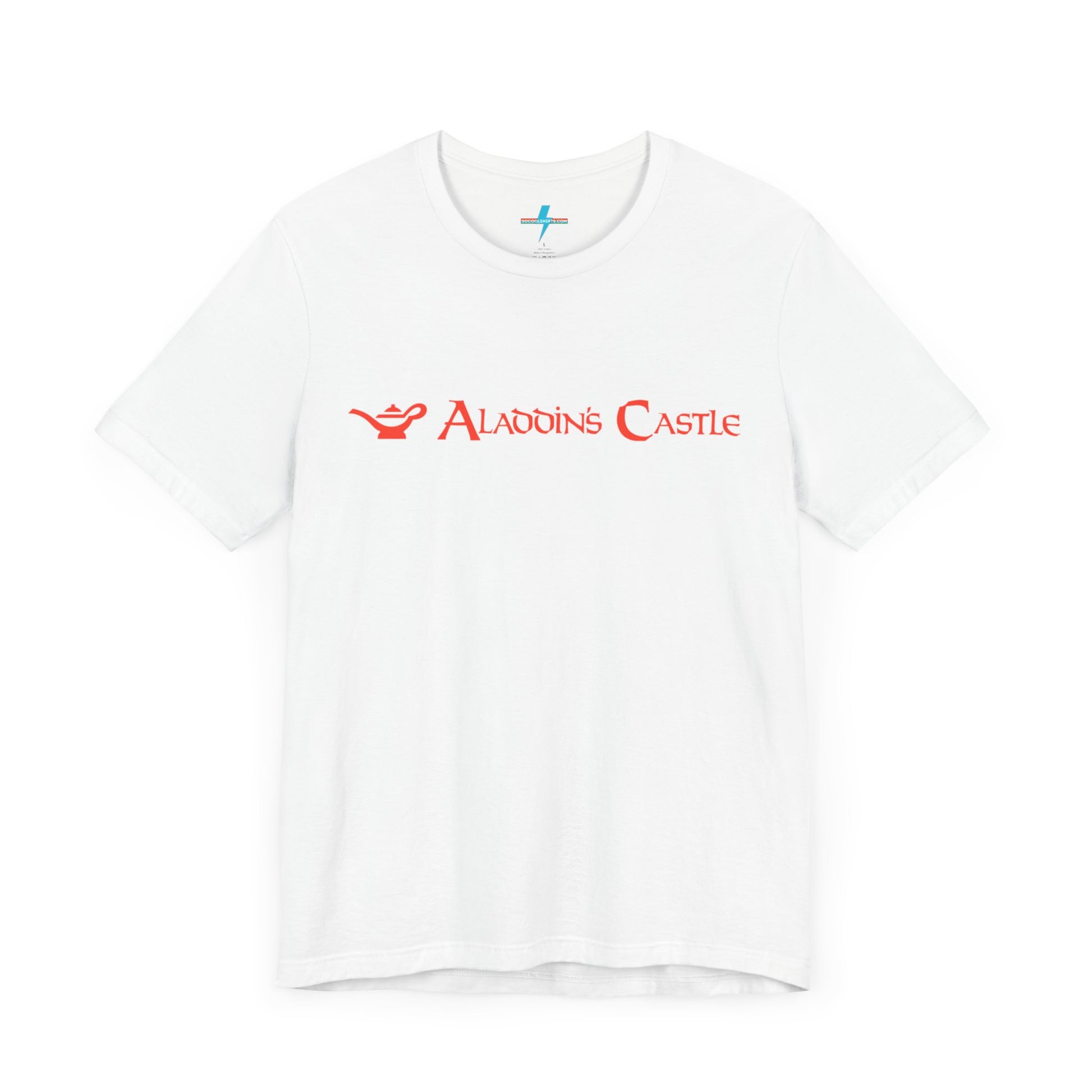 Introducing the Aladdin's Castle Arcade 1980s Unisex Jersey Short Sleeve Tee by Printify. This dark grey heather T-shirt features "ALADDIN'S CASTLE" emblazoned in bright red font across the chest, with a small silhouette of Aladdin's magic lamp to the left of the text. Perfect for fans of retro design or Aladdin’s Castle Arcade, and available exclusively from SoCool Shirts.