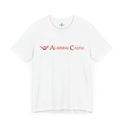 Introducing the Aladdin's Castle Arcade 1980s Unisex Jersey Short Sleeve Tee by Printify. This dark grey heather T-shirt features "ALADDIN'S CASTLE" emblazoned in bright red font across the chest, with a small silhouette of Aladdin's magic lamp to the left of the text. Perfect for fans of retro design or Aladdin’s Castle Arcade, and available exclusively from SoCool Shirts.