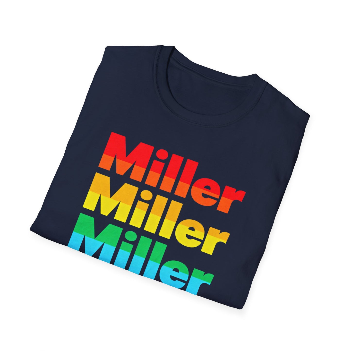 Miller Beach Rainbow Retro Tee — Vintage Stack Name Pride T-Shirt